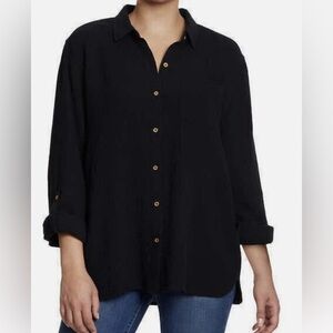 Anne Klein Lucile Black Button Down Shirt Cotton Roll Tab Small